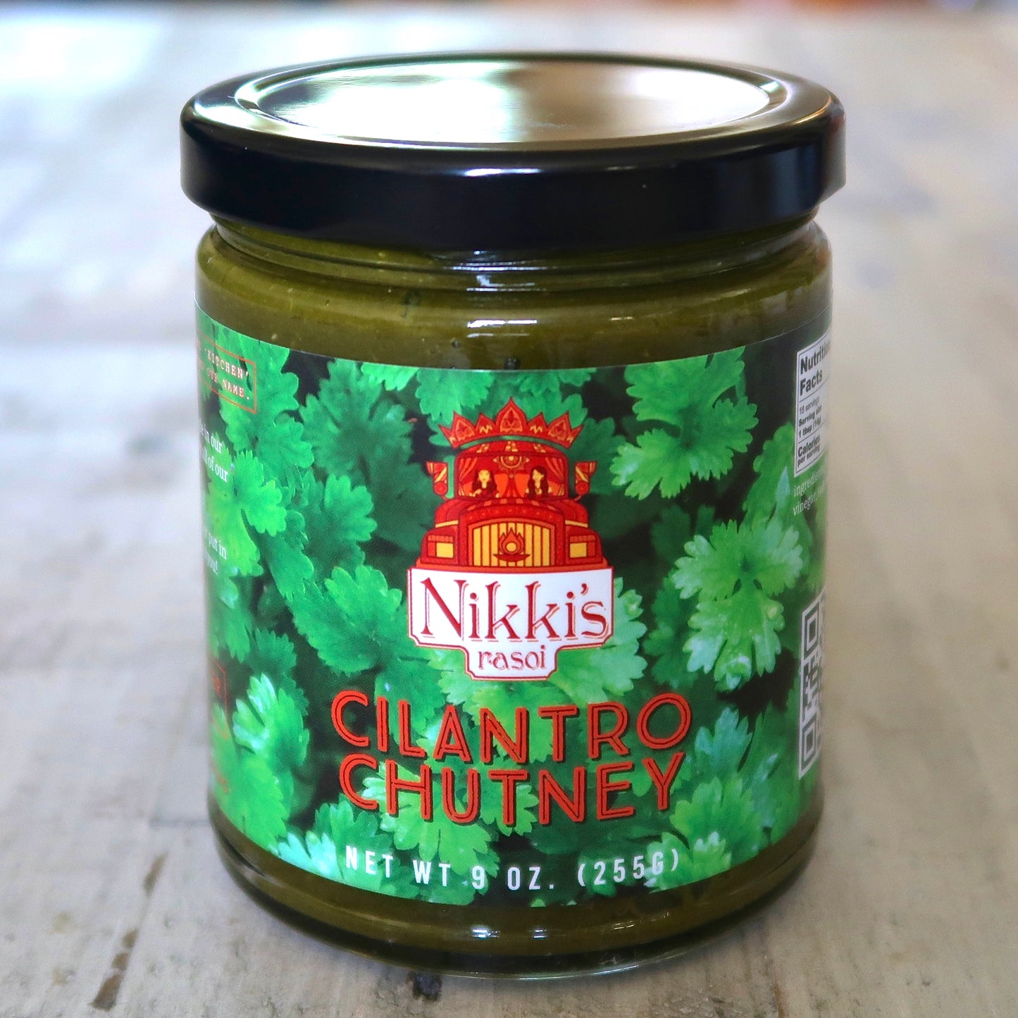 Nikki's Rasoi cilantro chutney label. Rasoi means kitchen in Hindi.