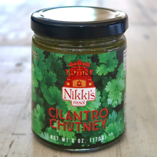 Nikki's Rasoi cilantro chutney label. Rasoi means kitchen in Hindi.